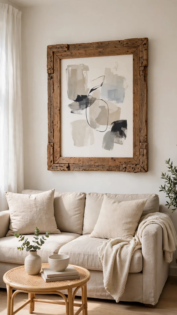 Thrifted chunky wood frame with an abstract art print hanging above a beige sofa in a small apartment living room