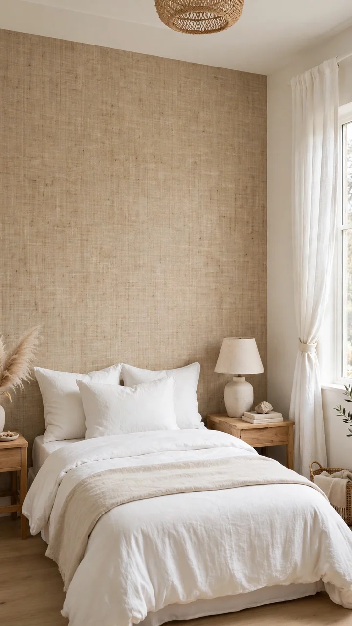 Small bedroom with a warm beige faux grasscloth accent wall behind the bed, white bedding, and wooden nightstands