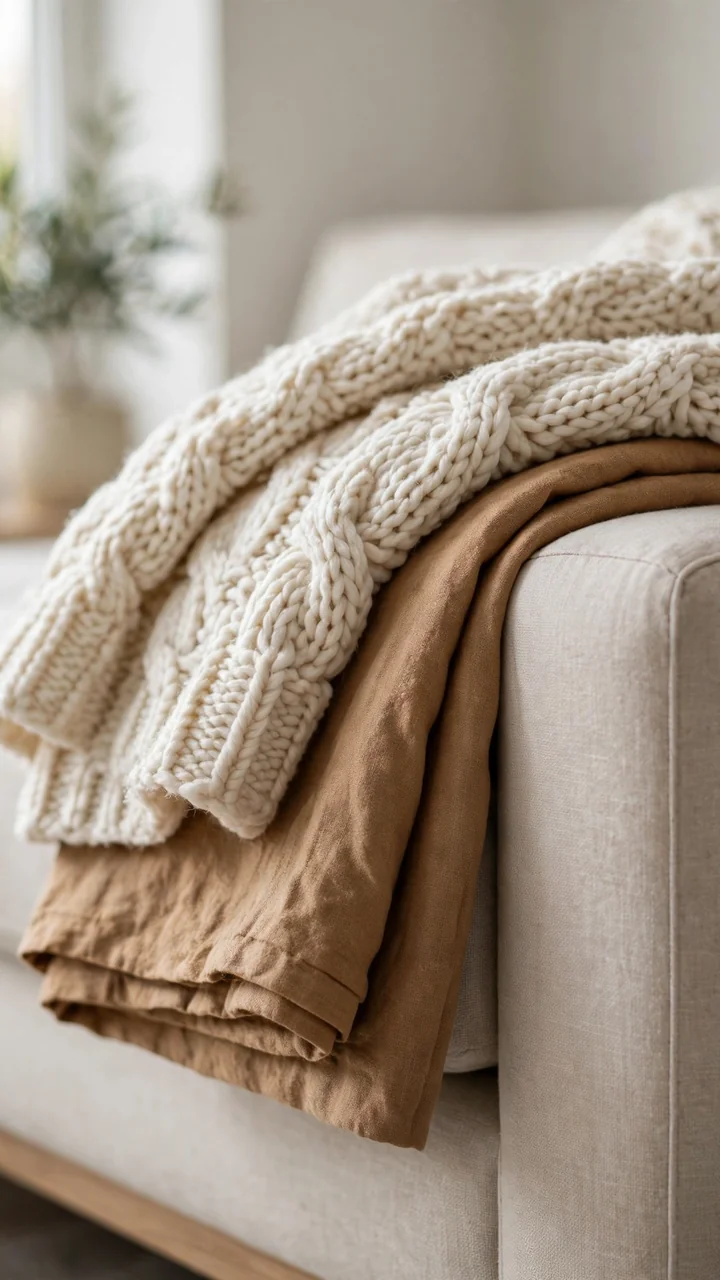 Close view of a sofa arm with a chunky knit throw layered over a folded linen throw in cream and caramel tones