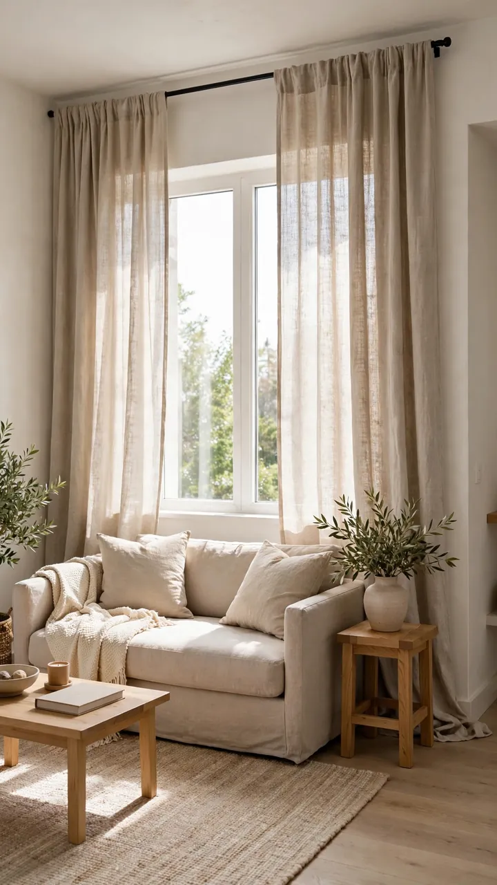 Linen curtains hung high near the ceiling and wide past the window, panels kissing the floor above a beige sofa