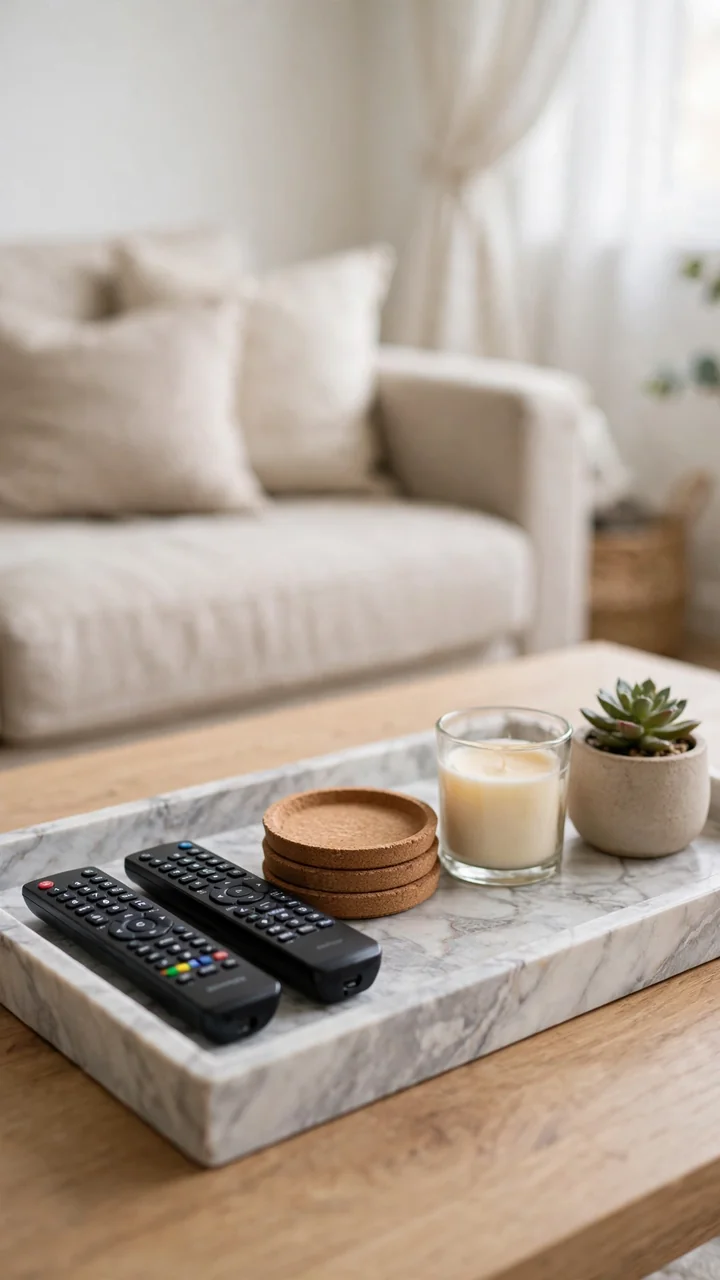 Faux marble tray on a coffee table holding remotes, coasters, a candle, and a succulent, with a beige sofa in the background