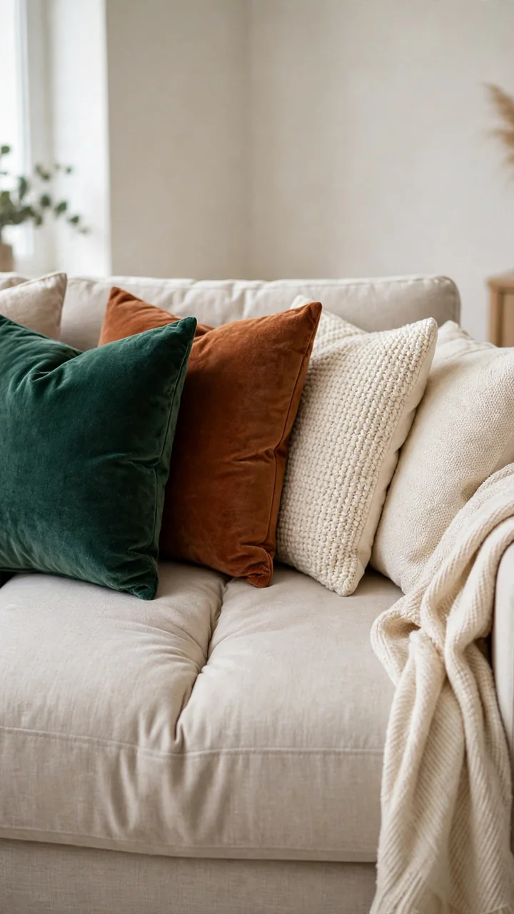 Close view of a sofa with emerald and rust velvet pillow covers mixed with cream pillows and a throw blanket on the arm