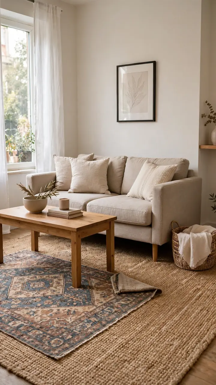 Seating area with a vintage patterned rug layered at an angle over a large neutral jute rug, beige sofa, and wooden coffee table