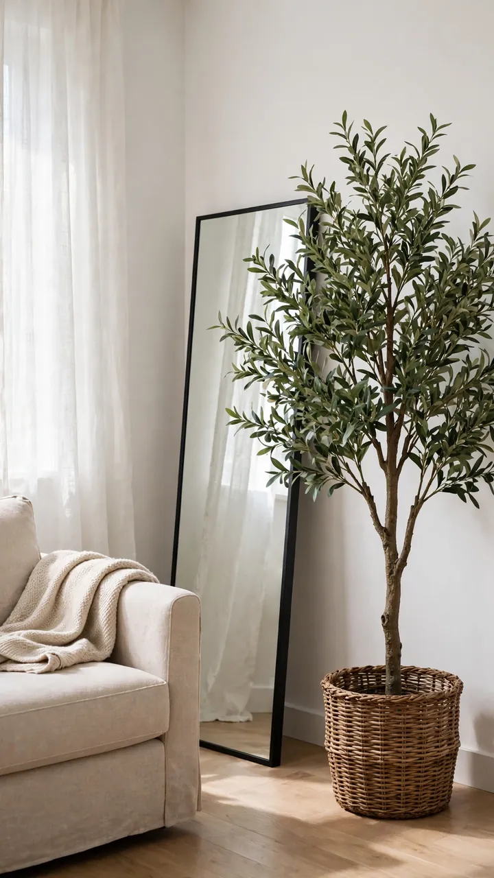 Tall faux olive tree with fluffed branches in a woven basket beside a leaning floor mirror and a beige armchair