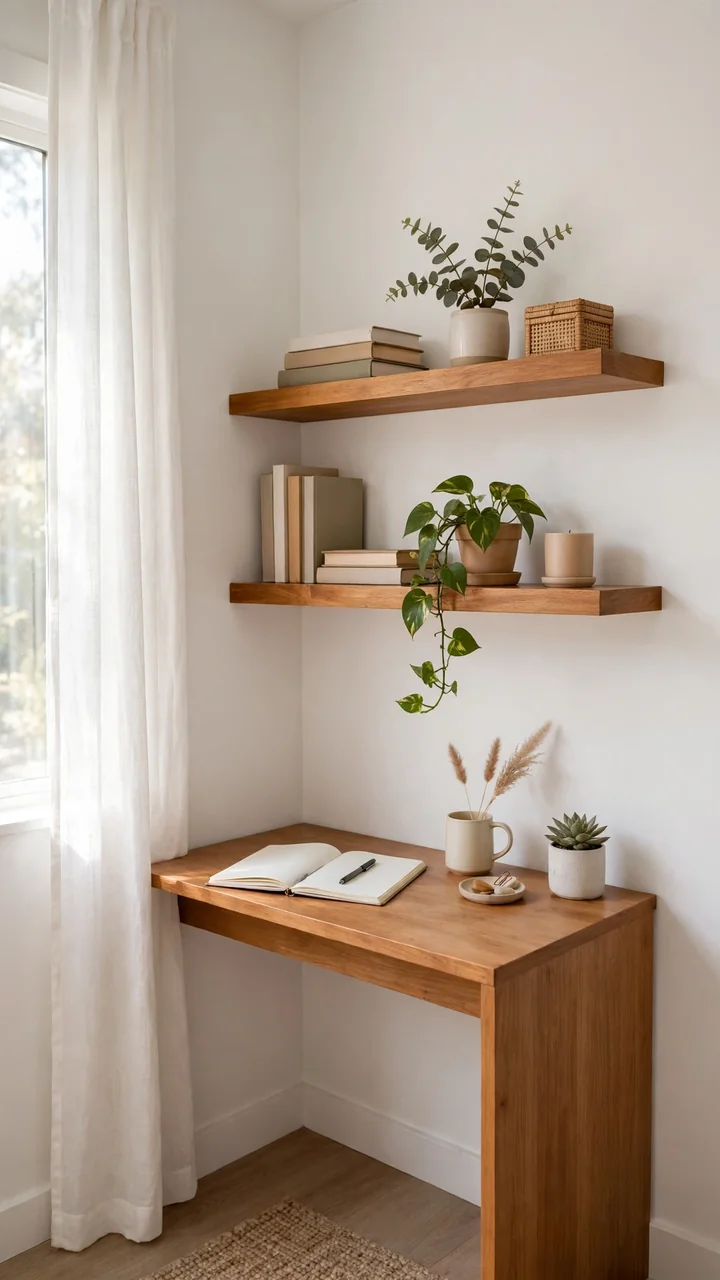 Home office corner with two floating warm wood shelves above a small desk, styled with books, plants, and white walls