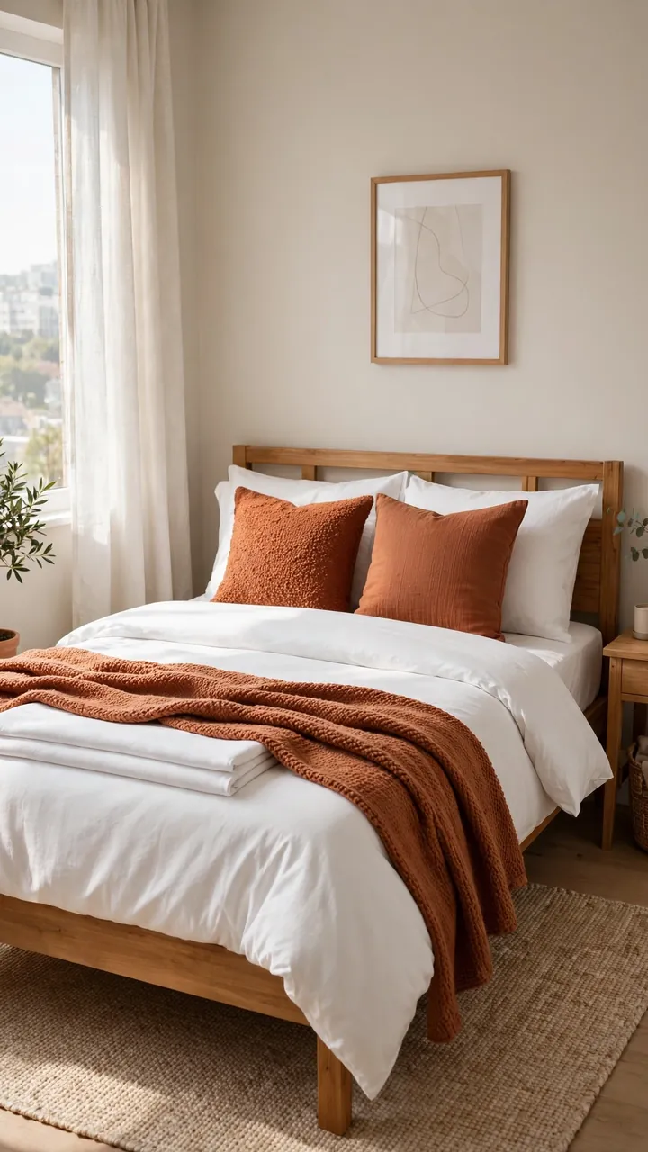 Bedroom with a bed made in crisp all-white bedding, a rust throw, two accent pillows, and a wooden bed frame