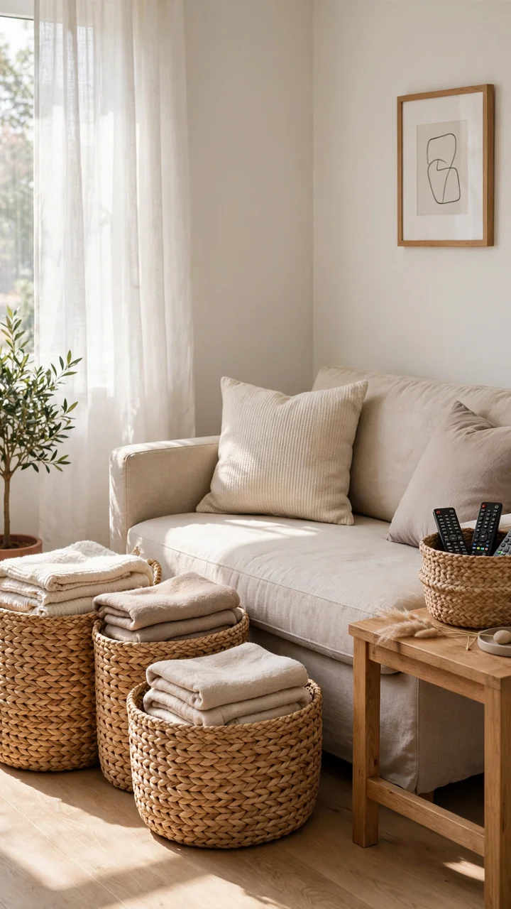 Living room corner with large seagrass baskets holding folded throw blankets beside a beige sofa and a wooden side table