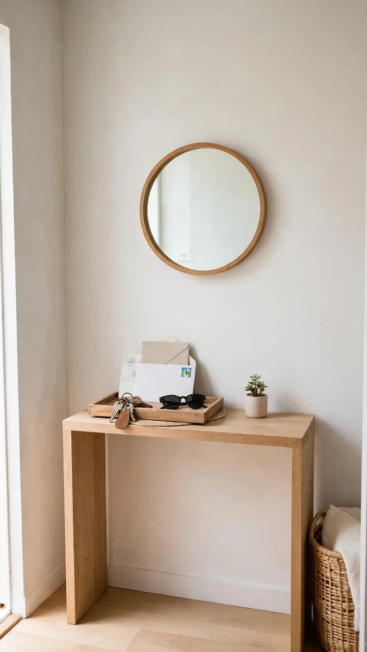 Entryway with a shallow wooden tray holding keys, sunglasses, and mail on a narrow console table under a small round mirror