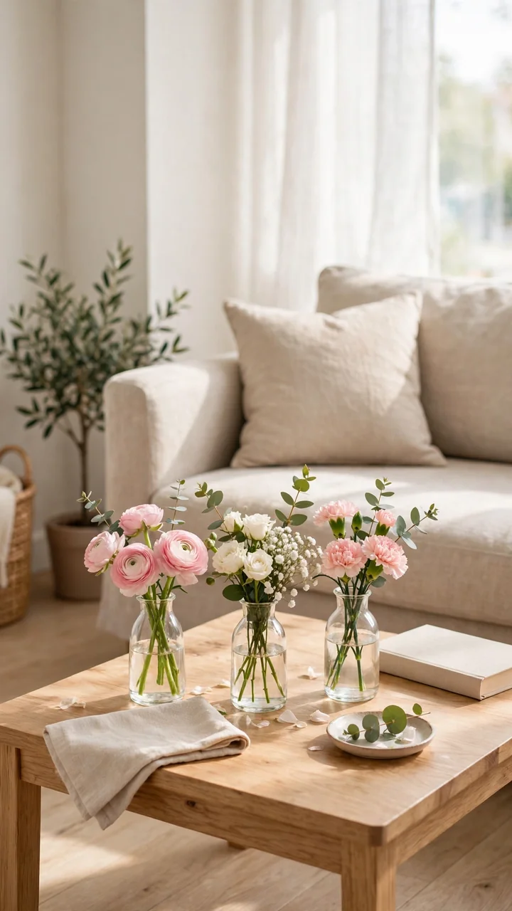 Coffee table with one grocery store flower bunch split into three small glass vases, a beige sofa behind