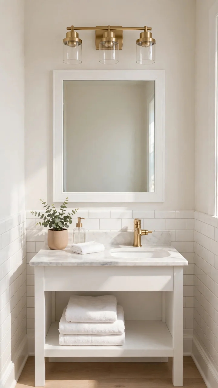 Small bathroom with a builder mirror framed in slim white molding, brushed gold faucet, and folded white towels below