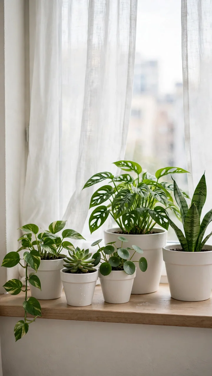 Windowsill with five green houseplants in matching white ceramic pots in two sizes, a sheer curtain behind