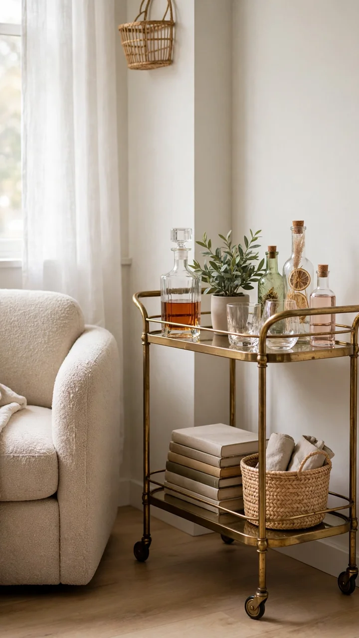 Living room corner with a vintage brass bar cart styled with a decanter, bottles, glasses, books, and a beige armchair nearby