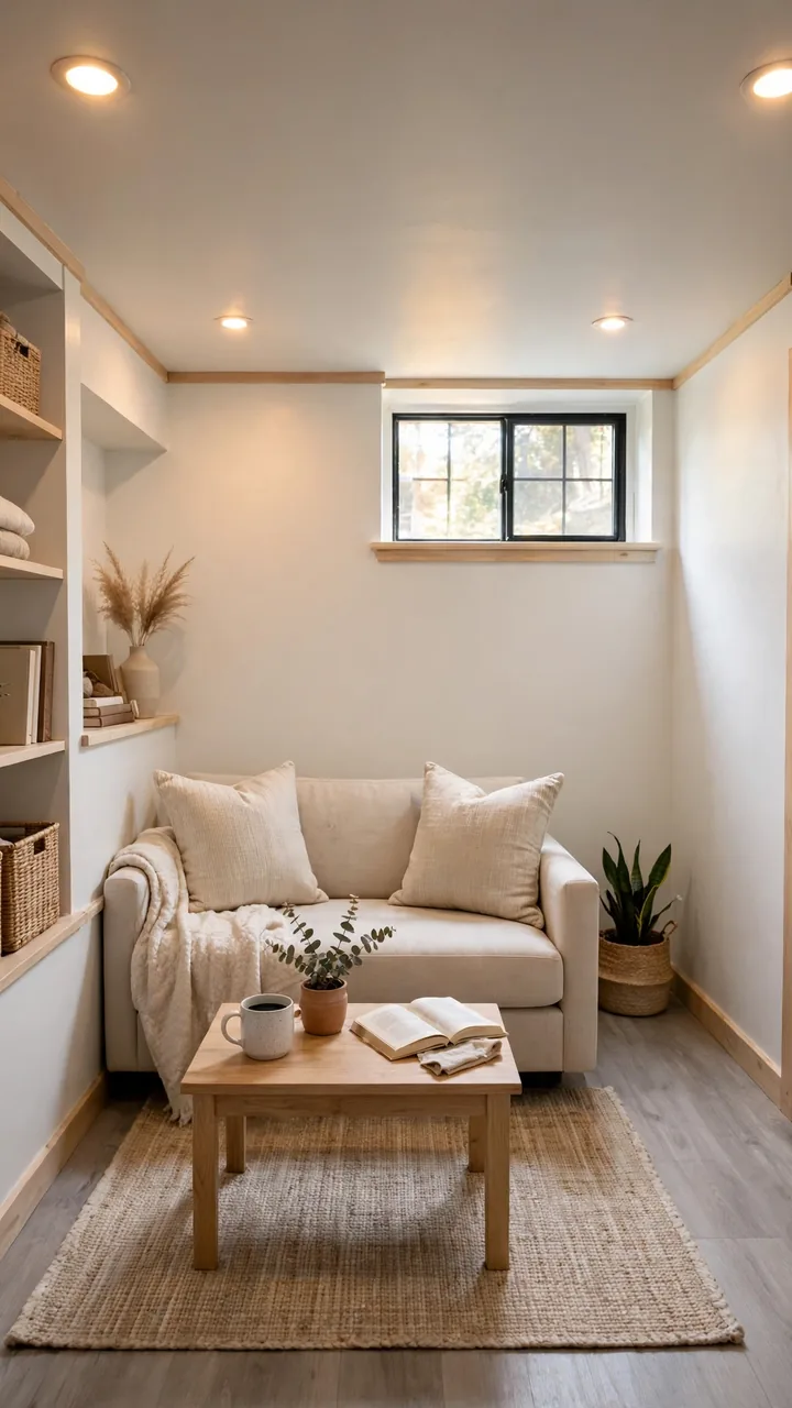 Small basement living room with freshly painted white moisture proof walls, soft off-white finish, light wood trim, warm recessed lighting, low beige...