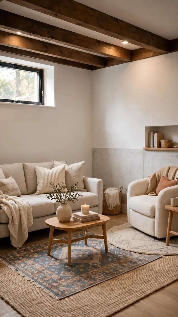 Cozy small basement with layered rugs defining zones, large neutral rug under a sofa with a smaller patterned rug on top, round rug under a reading...