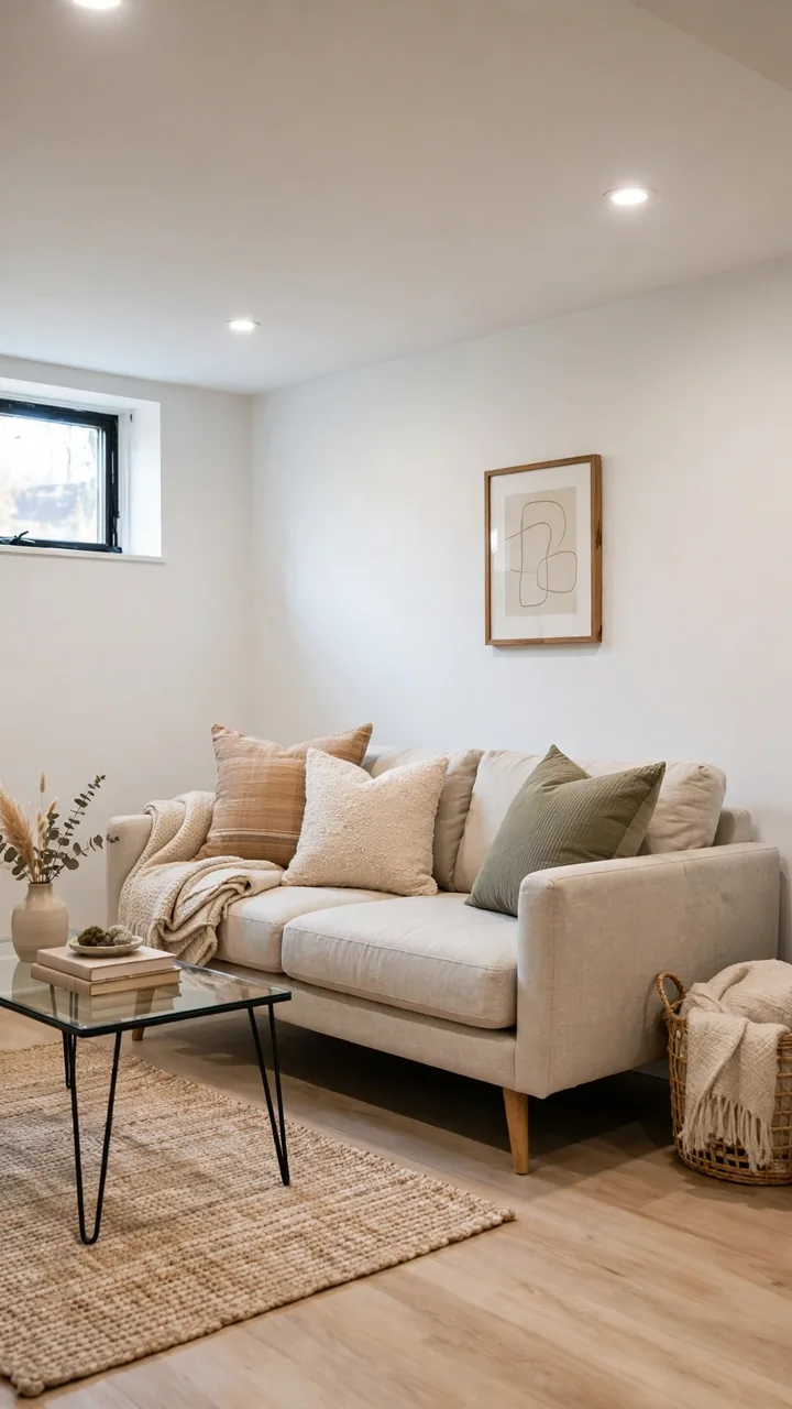 Small basement living room with low profile oatmeal fabric sofa on legs, slim glass coffee table, throw pillows and folded throw, white walls, low...