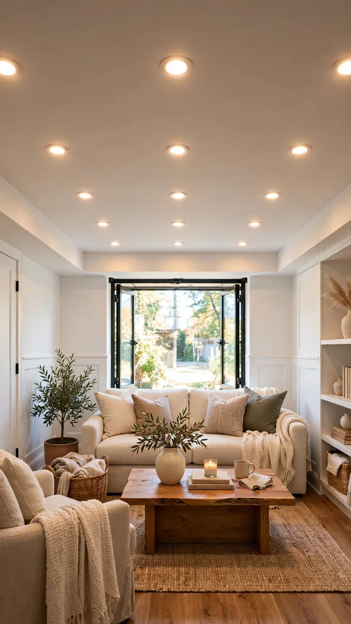 Finished small basement with a grid of recessed ceiling can lights on a dimmer, warm 3000K glow, white ceiling, cozy seating area below, no hanging...