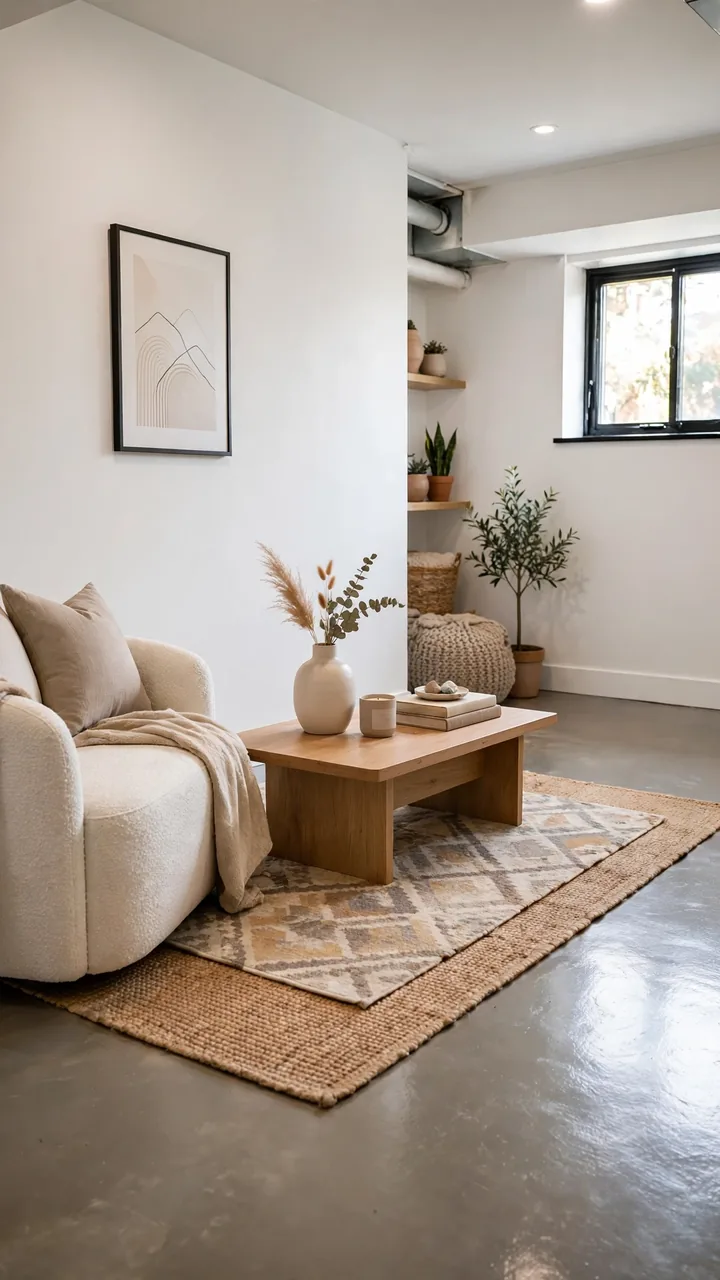 Small basement with painted warm gray concrete floor, clear topcoat sheen, layered rugs in seating areas, white walls, modern clean look, realistic...