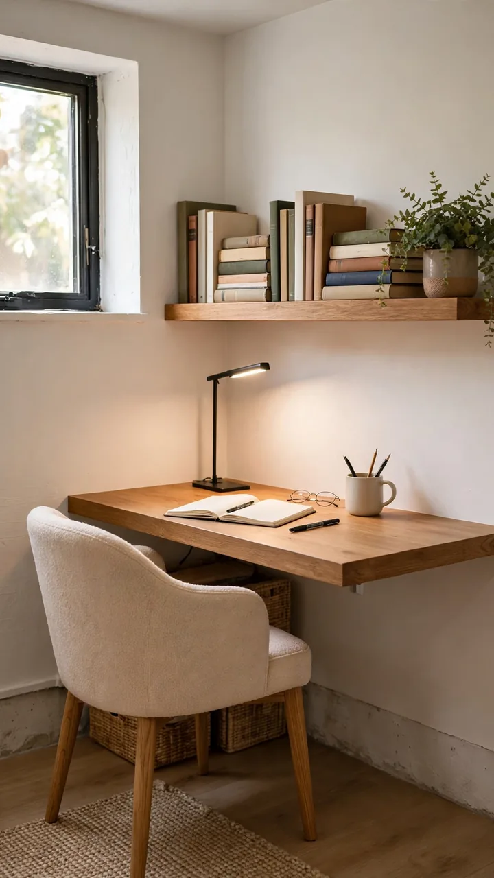 Small basement home office corner with wall mounted floating desk, wall shelf above with books and small plant, comfortable chair tucked under, slim...