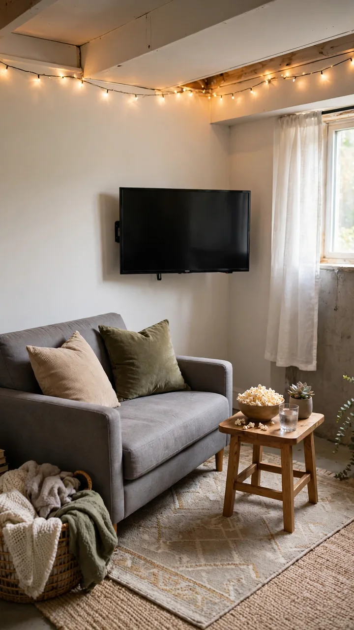 Small basement movie corner with loveseat angled toward a wall mounted TV, soft area rug, basket of throw blankets, small side table with popcorn, warm...