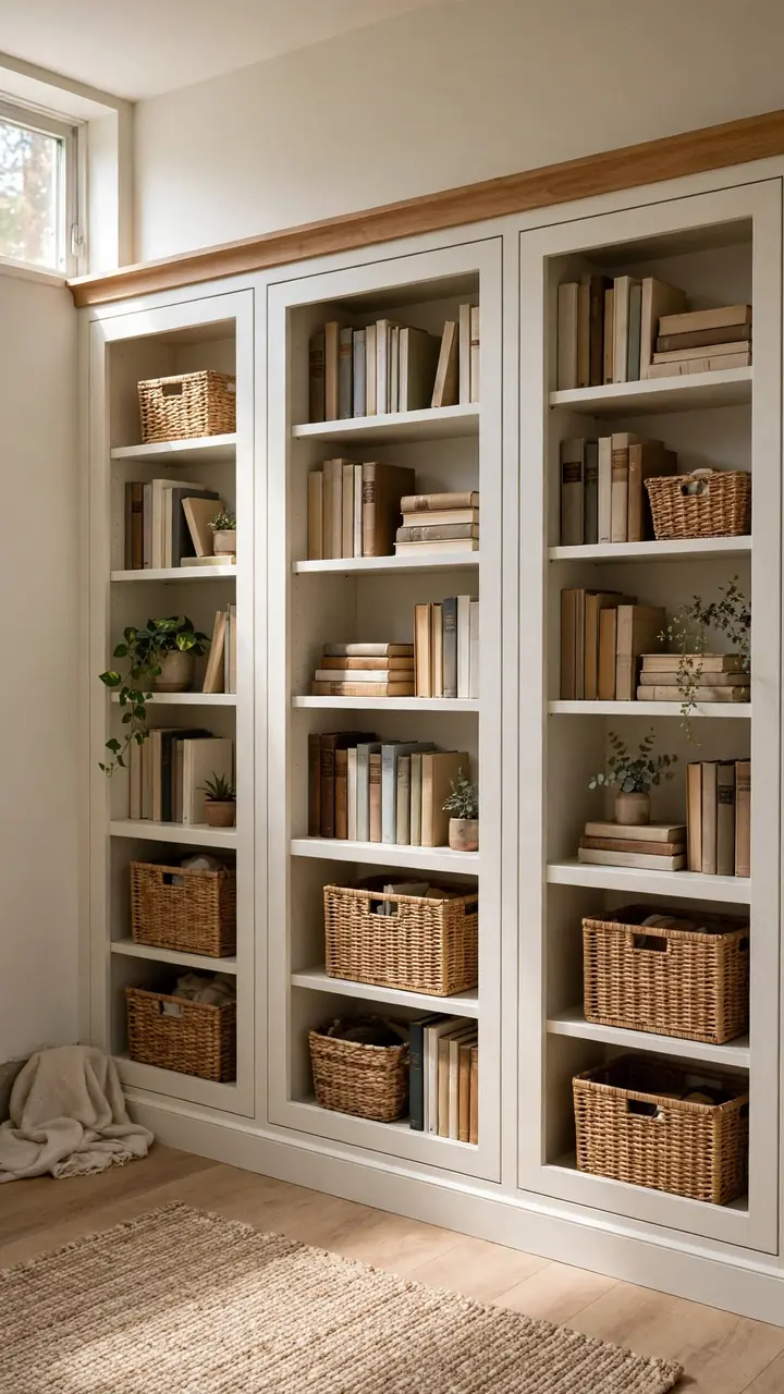 Small basement wall with tall bookcases painted wall color styled as built ins, wood top board across, matching storage baskets, books and small...