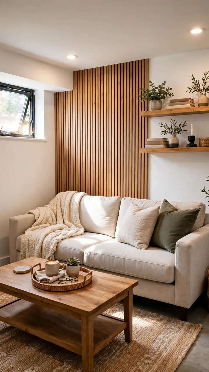 Small basement living room with warm wood slat accent wall behind sofa, wood floating shelves, wood coffee table and tray, white walls, warm recessed...