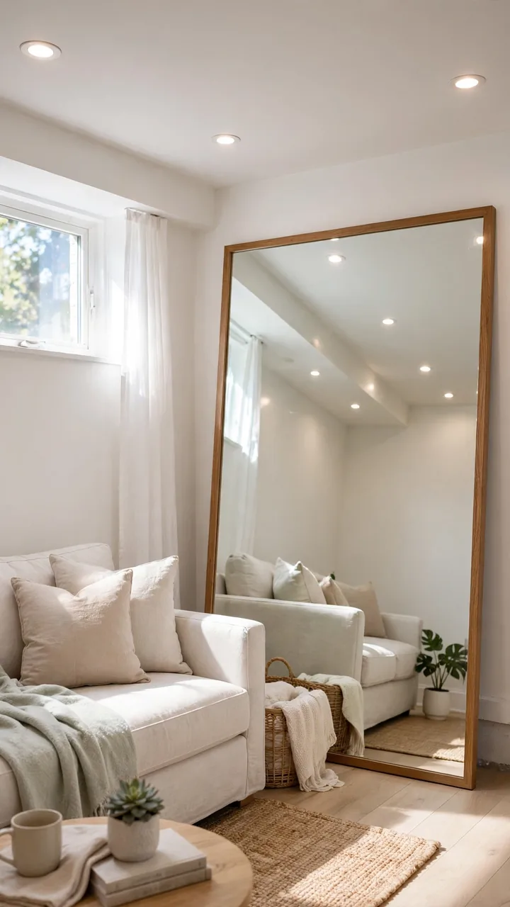 Small basement with large leaning floor mirror in a corner reflecting recessed lights, bright airy feel, light sofa, white walls, sense of doubled...
