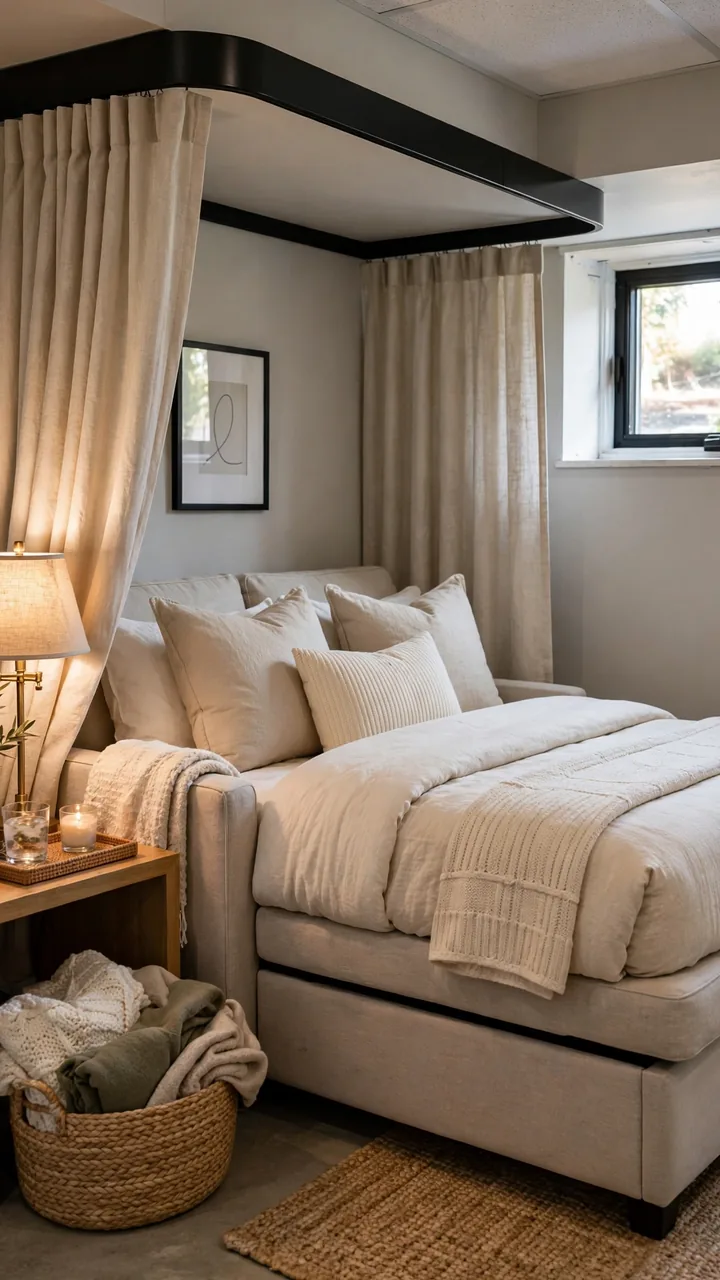 Small basement guest suite with comfortable sleeper sofa styled as a bed, side table with reading lamp, basket of blankets, small tray with water and...
