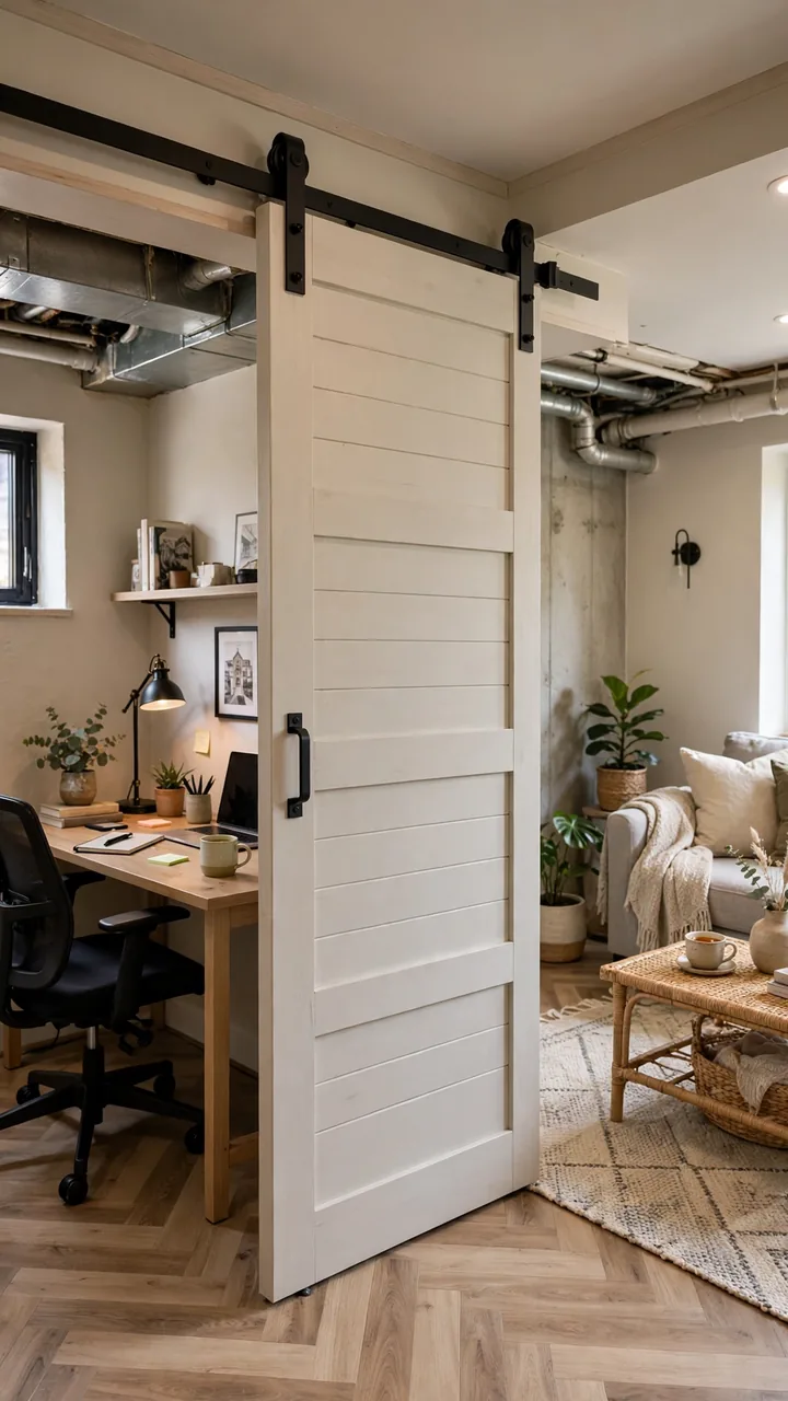 Small basement with sliding barn door divider on exposed track separating office zone from living area, light colored door, bright room, realistic DSLR...
