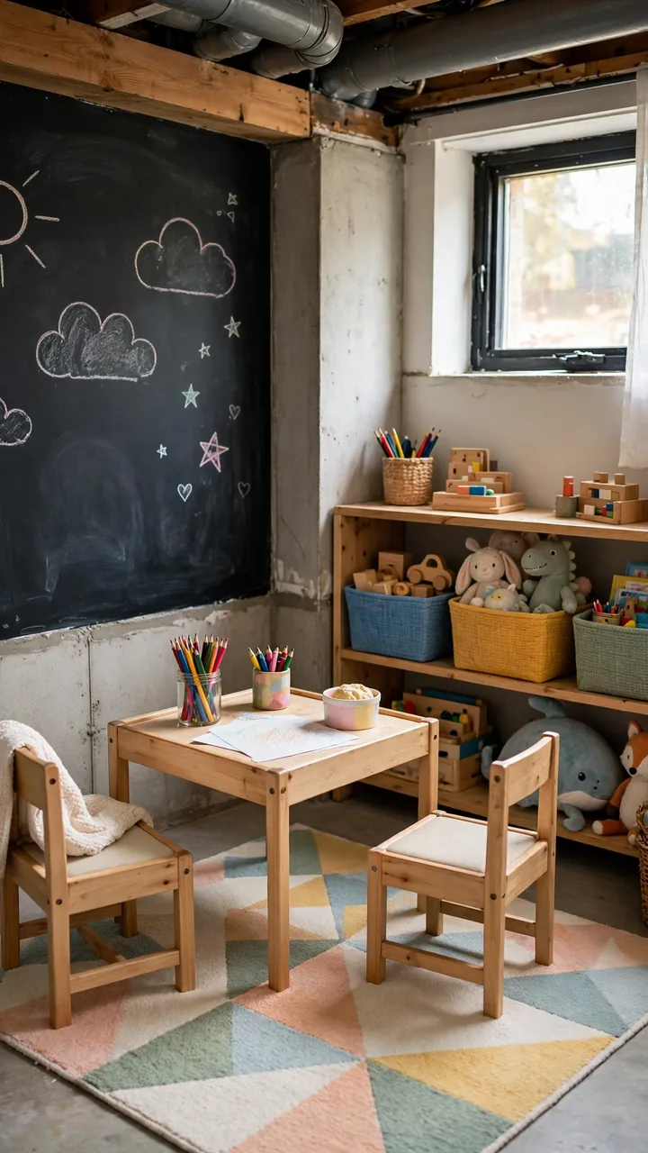 Small basement corner as kids play nook with washable rug, low open shelves with toy bins, small craft table and chairs, chalkboard wall section,...