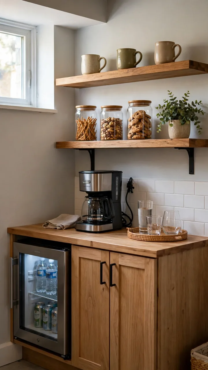 Small basement mini kitchenette bar with cabinet, mini fridge, coffee maker, tray with glasses, floating shelf with mugs and snack jars, small plant,...