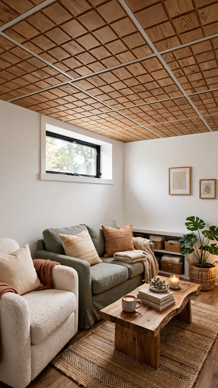 Small basement with decorative acoustic ceiling tiles in wood look pattern, white walls, cozy seating below, warm lighting, finished quiet feel,...