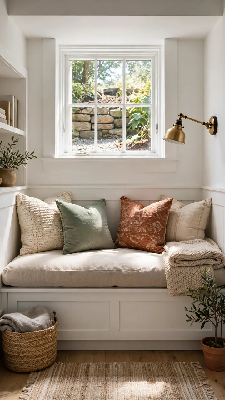 Small basement reading nook with storage bench and thick cushion under a bright egress window, throw pillows, folded throw, wall mounted reading light,...