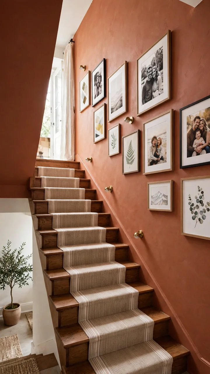 Basement stair wall styled as gallery with framed family photos and art prints following the stair angle, warm accent wall color, slim stair runner,...