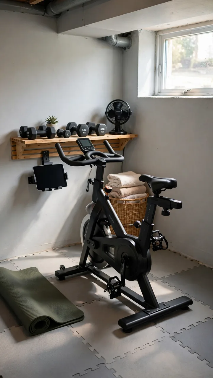 Small basement workout corner with exercise bike on interlocking foam tiles, stretching mat, small shelf with weights, wall mounted tablet holder,...