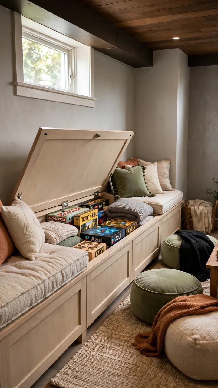 Small basement with long storage bench along wall topped with custom cushion and throw pillows, hinged top open showing organized games and blankets...