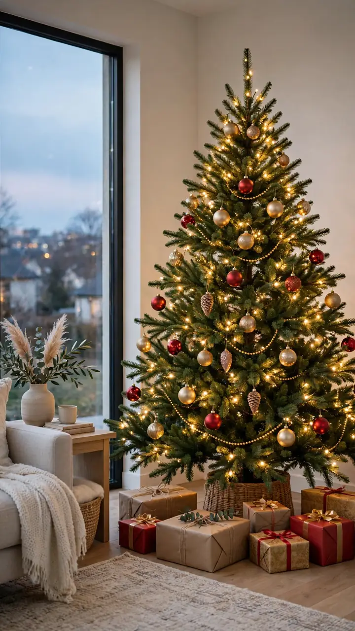 Twinkling Christmas tree corner with warm fairy lights