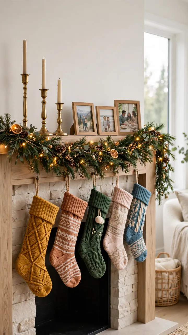 Cozy fireplace mantel with pine garland and stockings