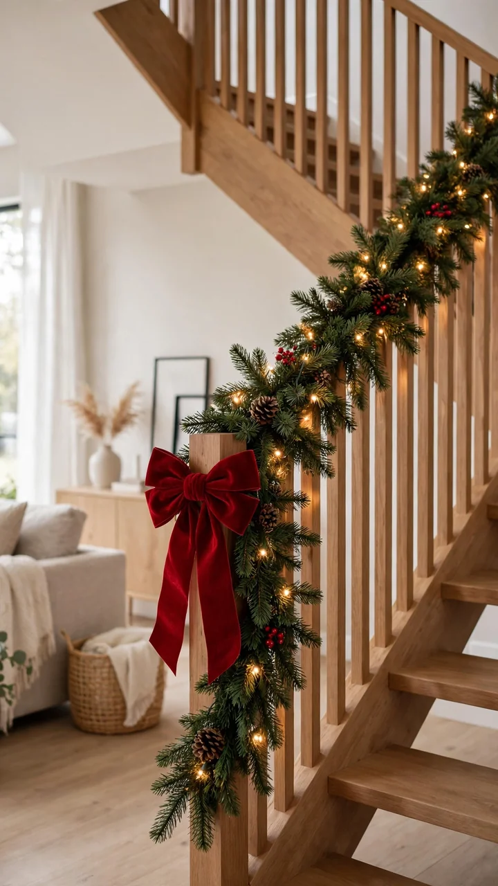 Staircase banister wrapped in pine garland with lights