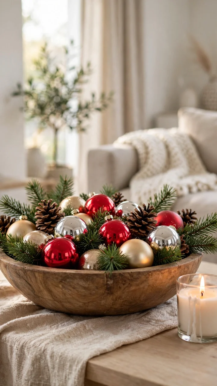 Wooden bowl filled with vintage Christmas ornaments