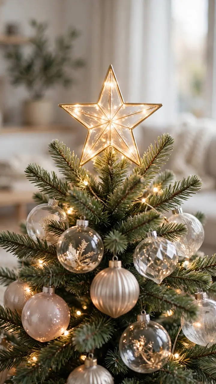 Glowing star tree topper on a decorated Christmas tree