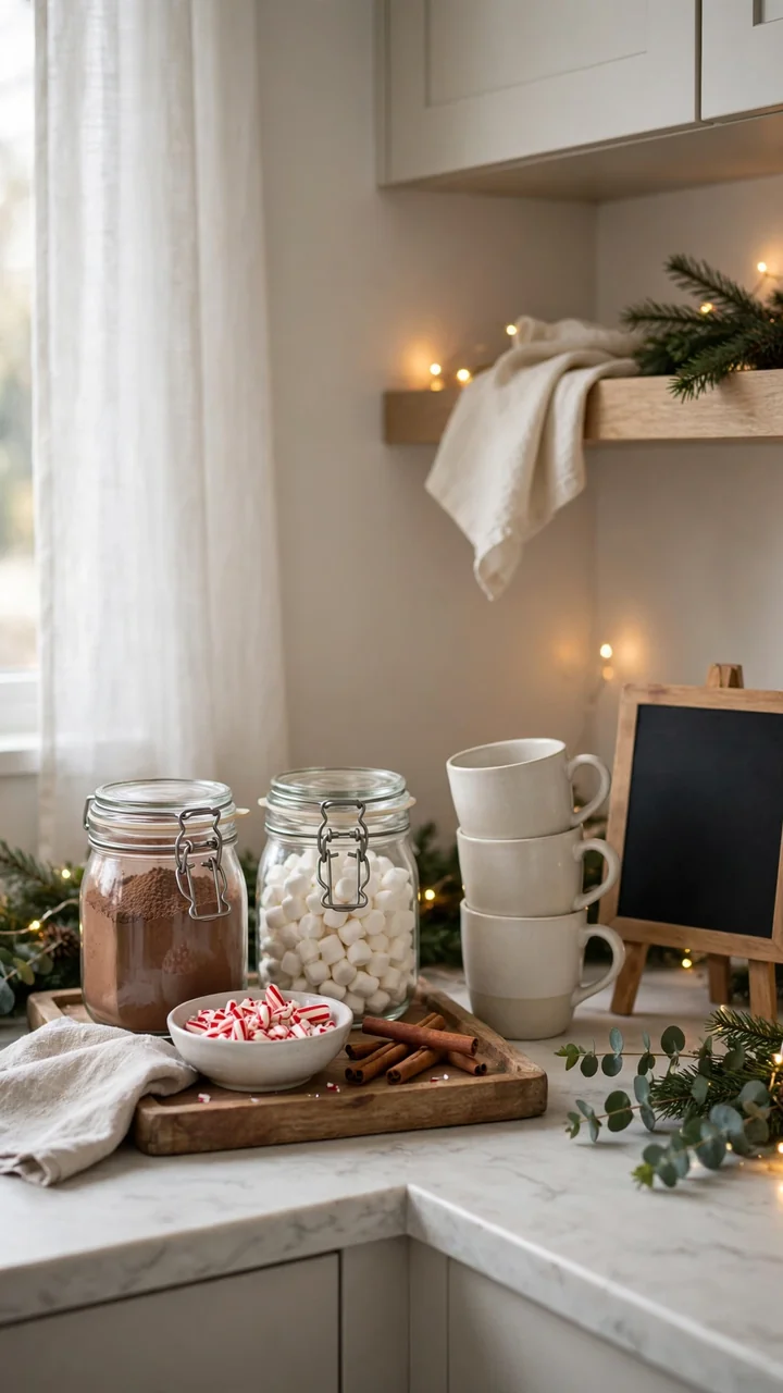 Hot cocoa station with mugs and marshmallows