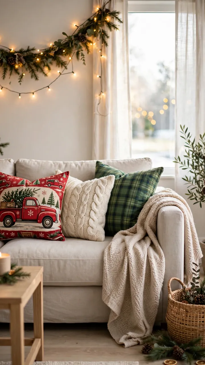 Sofa with mixed Christmas throw pillows