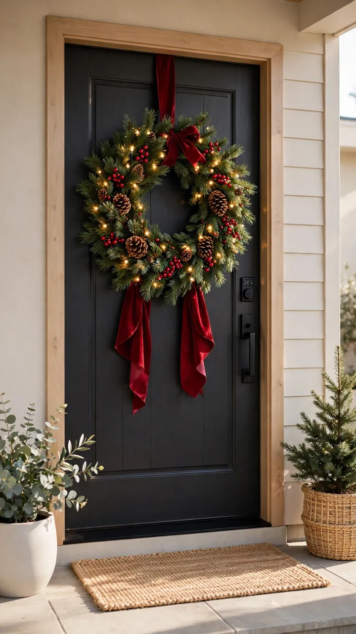 Front door with a fresh pine Christmas wreath