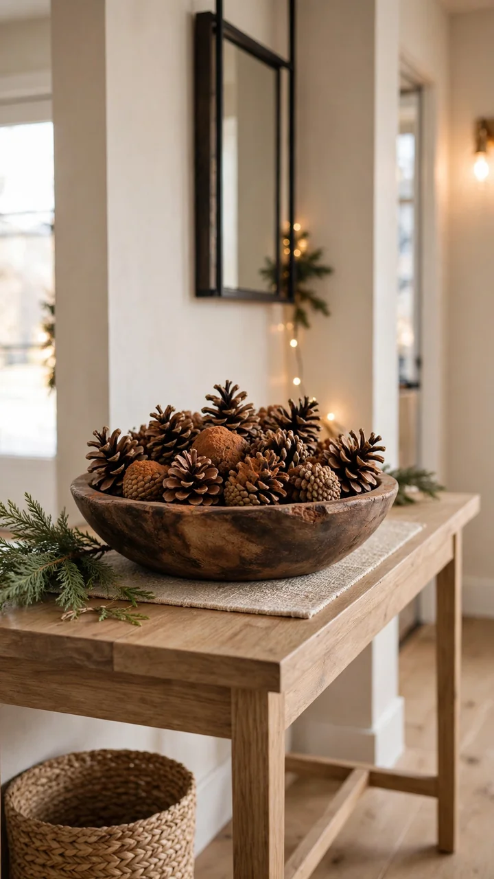 Wooden bowl of cinnamon scented pine cones