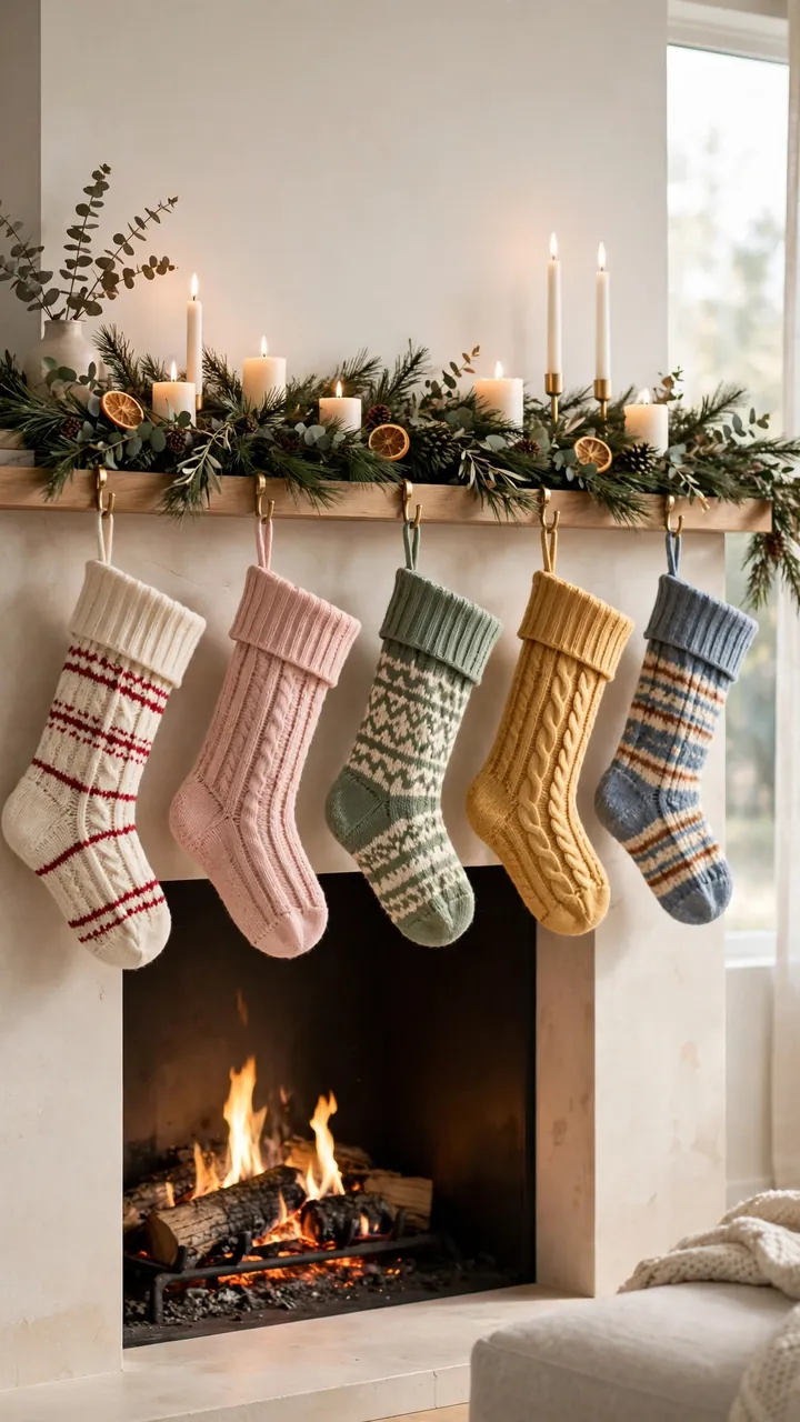 Colorful stockings hanging by a fireplace