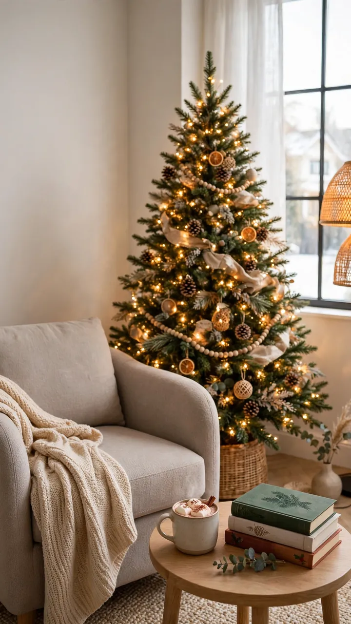 Cozy reading corner beside a glowing Christmas tree