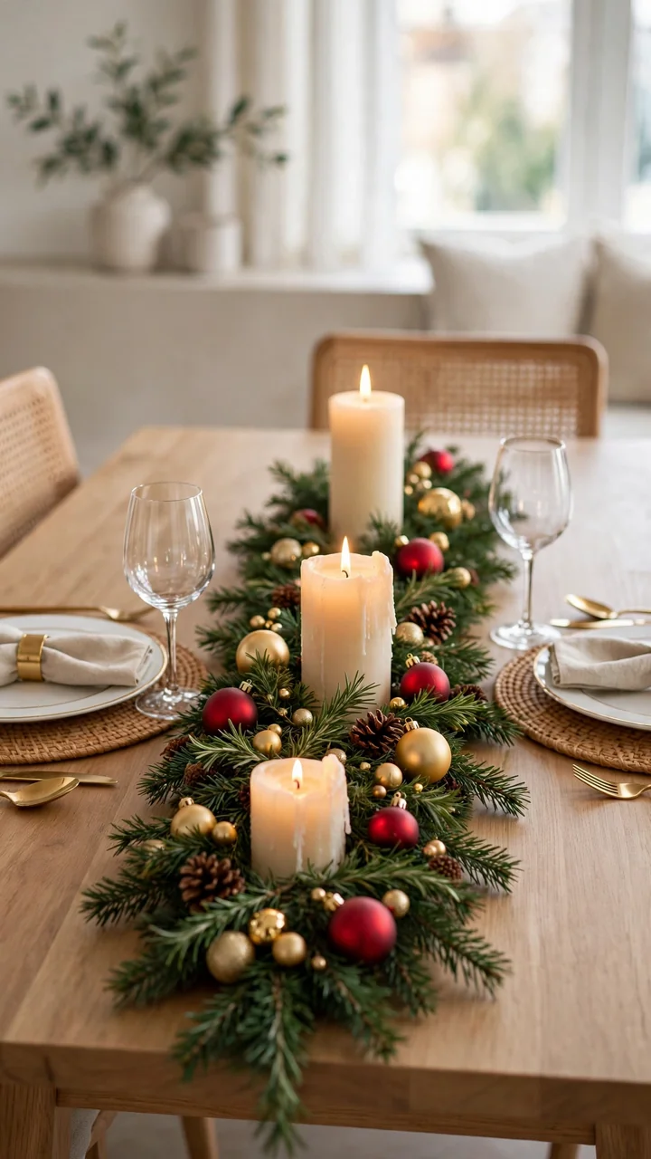 Dining table centerpiece with pine garland and candles
