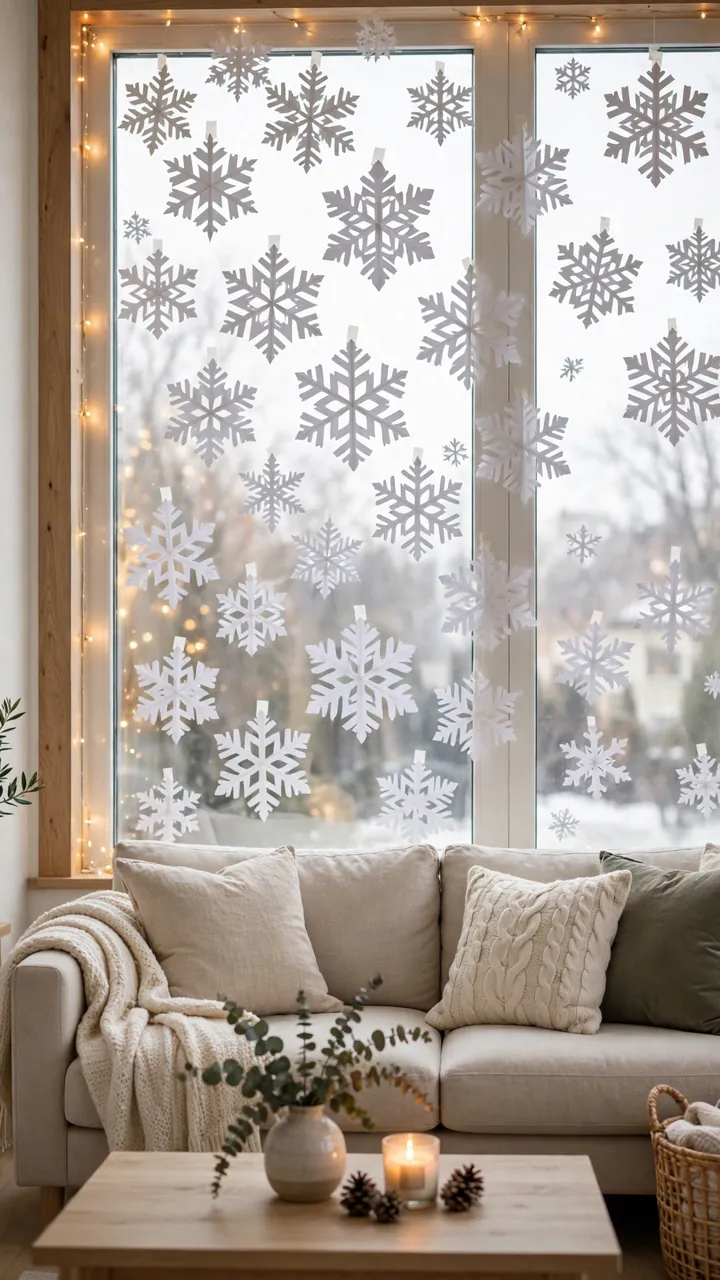 Window decorated with white paper snowflakes
