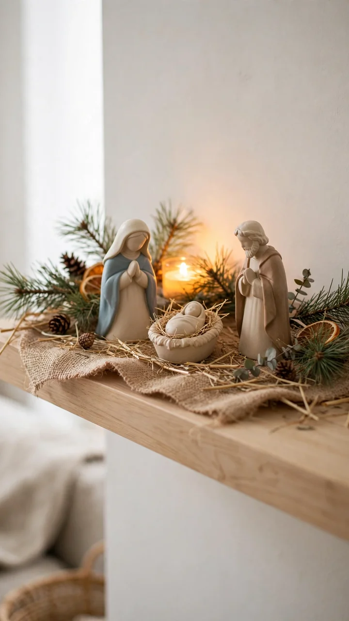 Ceramic nativity scene on a wooden shelf