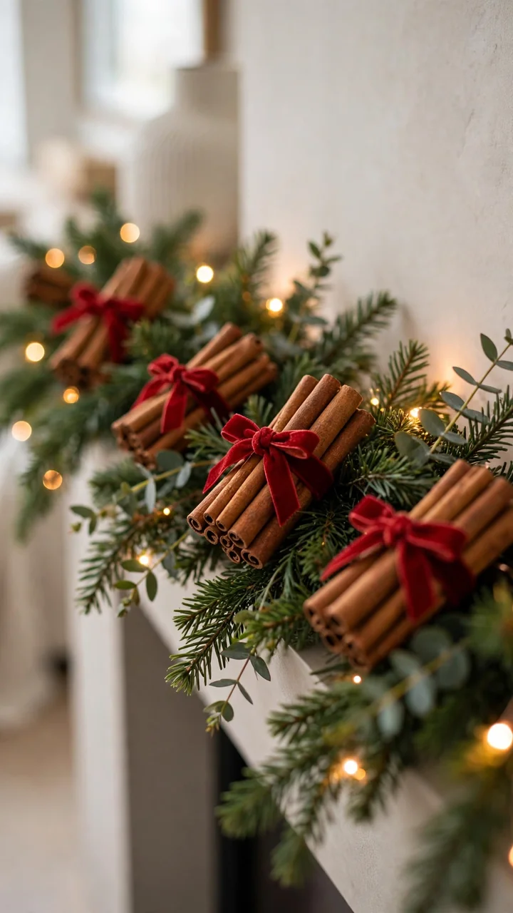 Cinnamon stick bundles tied with red ribbon